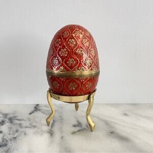 Vintage | MCM Heavy Brass Red Cloisonné Enamel Egg Trinket Case Stand Faberge